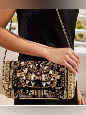 CLUTCH Black and Gold Embellished Clutch with or without chain.